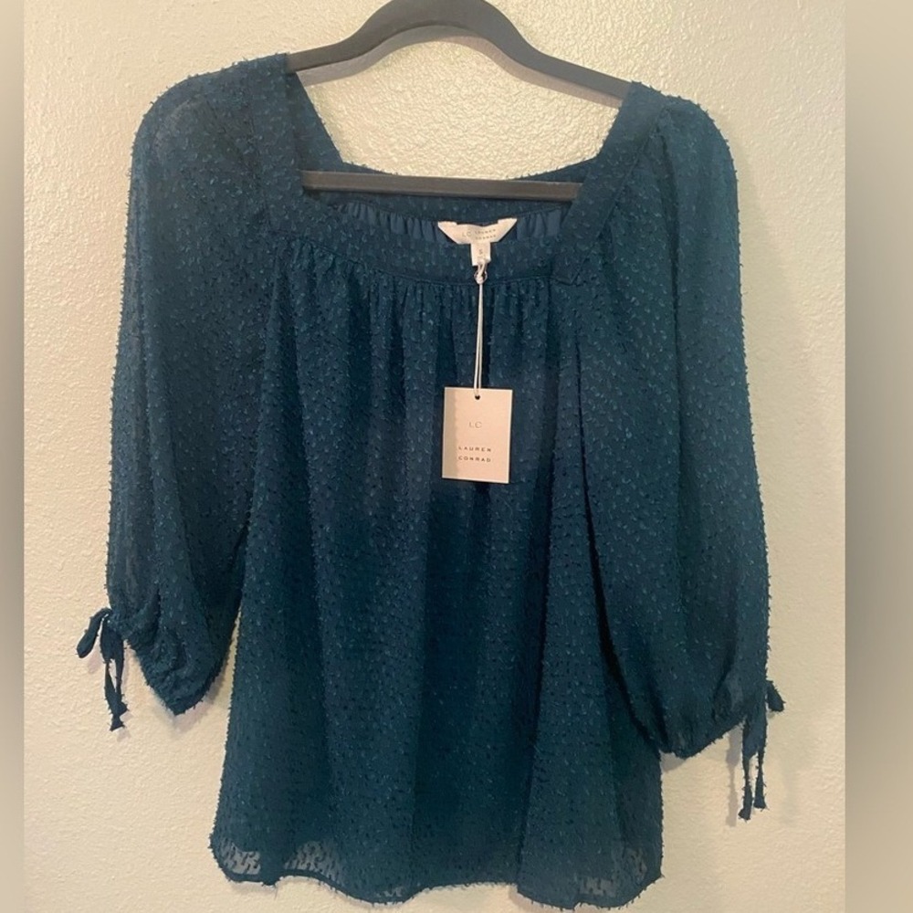LC Lauren Conrad Blue Smocked Tie Front Blouse